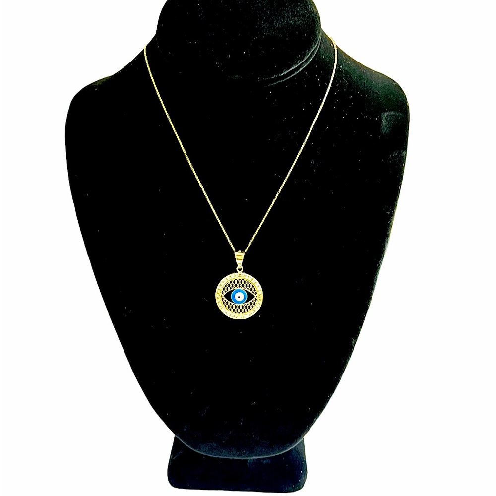 Necklace Solid gold 10k eye blue charm and chain